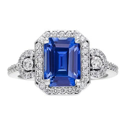 Diamant Halo Srilanka Saffier Smaragd Ring 3 stenen stijl 4,50 karaat