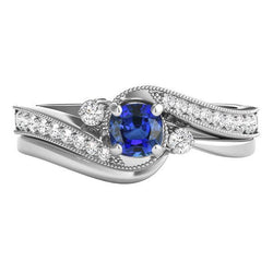 Diamantblauwe saffier trouwring set 3 stenen gedraaide stijl 2 karaat