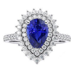 Diamanten Dubbele Halo Ring Bloemstijl Peer Blauwe Saffier 5,50 Karaat