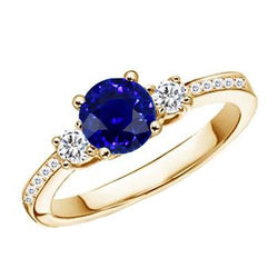 Diamanten Edelsteenring Blauwe Saffier 2 Karaat 3 Steenstijl Geel Goud