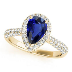 Diamanten Halo Blauwe Saffier Trouwring Geel Goud 5 Karaat