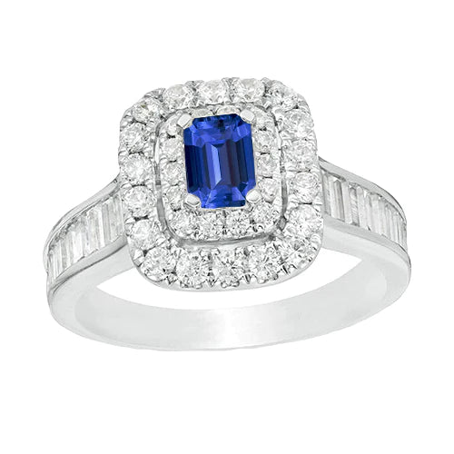 Diamanten Halo Ceylon Sapphire Ring Rond & Baguette Geaccentueerd 3 Karaat