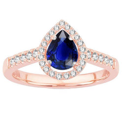 Diamanten Halo Jubileumring Peer Cut Sri Lankaanse saffier 3 karaat