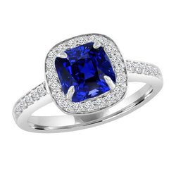 Diamanten Halo Kussen Ceylon Sapphire Ring Pave Set 3,50 karaat goud