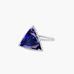 Diamanten Halo Ring Triljoen Vormige Diepblauwe Saffier 4 Karaat