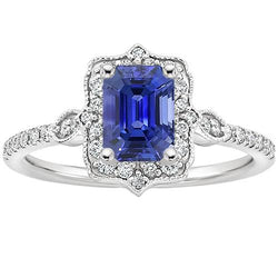 Diamanten Halo Ring Vintage stijl Smaragd blauwe saffier 4 karaat