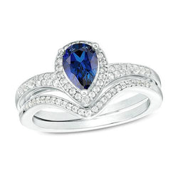 Diamanten Halo Verlovingsring Set Peer Geslepen Blauwe Saffier Nieuw 4 Karaat