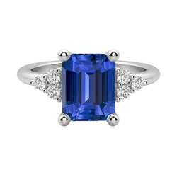 Diamanten Jubileumring Smaragdvormige Blauwe Saffier 3,50 Karaat