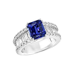 Diamanten Ring Blue Radiant Sapphire 3.50 Carats Channel Set Baguettes