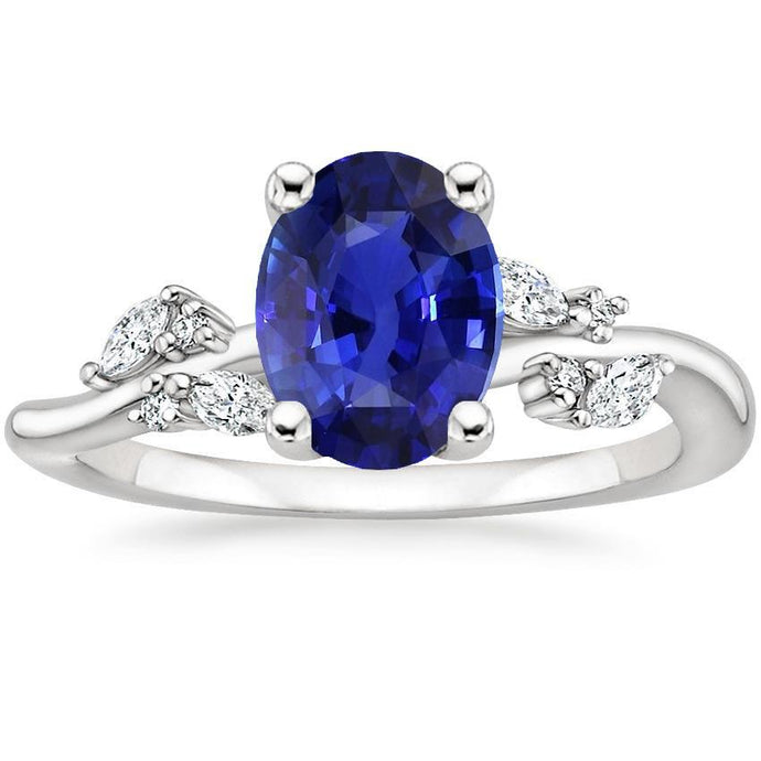 Diamanten Ring Ovale Blauwe Saffier Met Markiezin & Ronde Stenen 4 Karaat - harrychadent.nl
