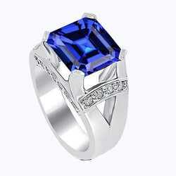 Diamanten Trouwring Asscher Blauwe Saffier Goud V Gespleten Schacht 3 Karaat