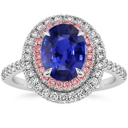 Diamanten dubbele Halo ovale blauwe en roze saffierring 5 karaat griffenset