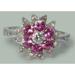 Diamanten en roze saffieren 1,15 ct. Bloem Stijl Ring Wit Goud 18K