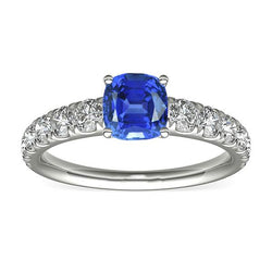 Diamanten kussen blauwe saffier ring 3 karaat witgoud 14K sieraden