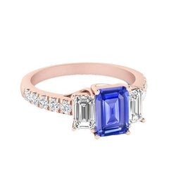 Diamanten ring 3 stenen stijl smaragd blauwe saffier rosé goud 3,50 karaat