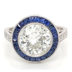 Diamanten ring 5 karaat halo Ceylon blauwe saffier Milgrain wit goud