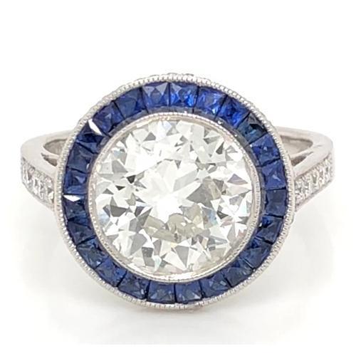 Diamanten ring 5 karaat halo Ceylon blauwe saffier Milgrain wit goud - harrychadent.nl
