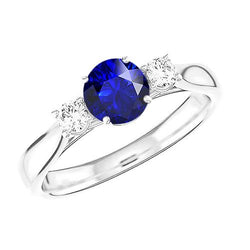 Diamanten ring met drie stenen ronde natuurlijke blauwe saffier 2 karaat