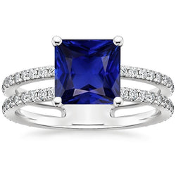 Diamanten ring prinses geslepen saffier met accenten gespleten schacht 6 karaat
