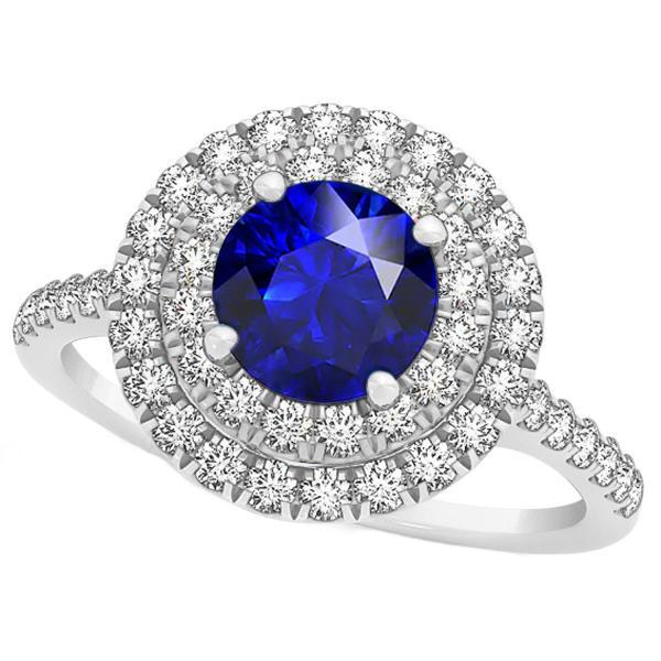 Diamanten ronde blauwe saffier ring dubbele halo 4 karaat dames goud 14k - harrychadent.nl