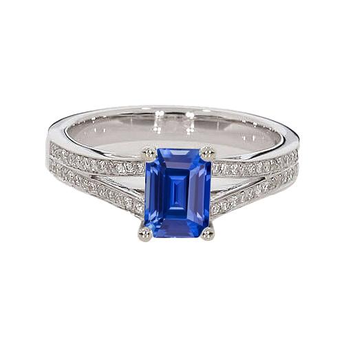 Diamanten sieraden Emerald Cut Blue Sapphire Ring Split Shank 3 karaat - harrychadent.nl