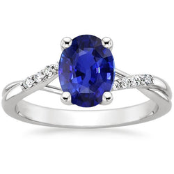 Diamanten verlovingsring gespleten schacht ovaal geslepen blauwe saffier 3 karaat
