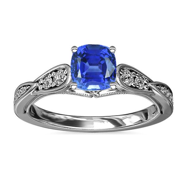 Diamanten verlovingsring kussen saffier 2,50 karaat vintage stijl - harrychadent.nl