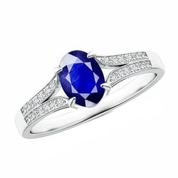 Diamanten verlovingsring ovaal blauwe saffier gespleten schacht 3,50 karaat Nieuw