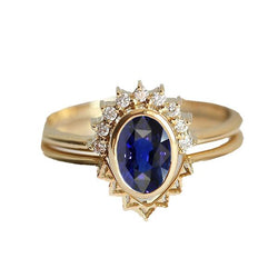 Diamanten verlovingsring set Bezel set blauwe saffier 3 karaat