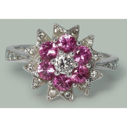 Diamanten en roze saffieren 1,15 ct. Bloem Stijl Ring Wit Goud 14K