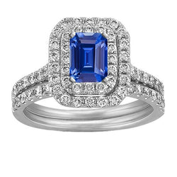 Diamond Double Halo Emerald Blue Sapphire Trouwring Set 5 karaat