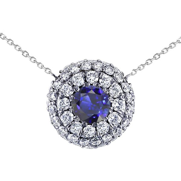 Diamond Double Halo hanger ronde blauwe saffier ketting 4,25 karaat - harrychadent.nl