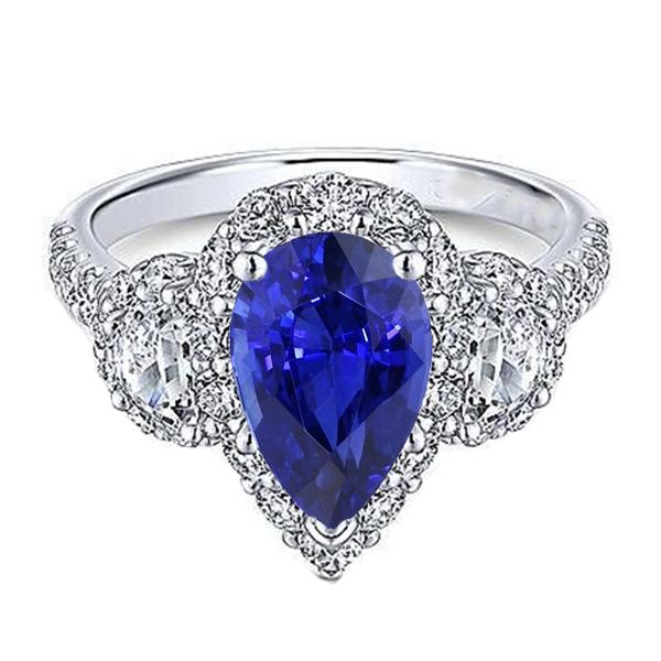 Diamond Halo Pear Ceylon Sapphire Ring 3 stenen stijl 4,50 karaat - harrychadent.nl