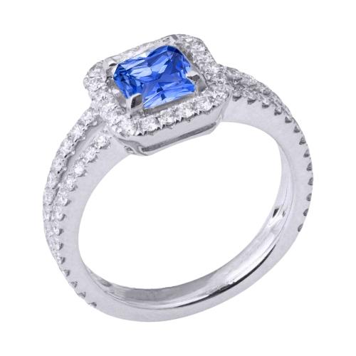 Diamond Halo Radiant Sapphire Ring Double Shank 3 karaat gouden sieraden - harrychadent.nl
