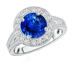 Diamond Halo Ring antieke stijl Prong ronde blauwe saffier 2,50 karaat