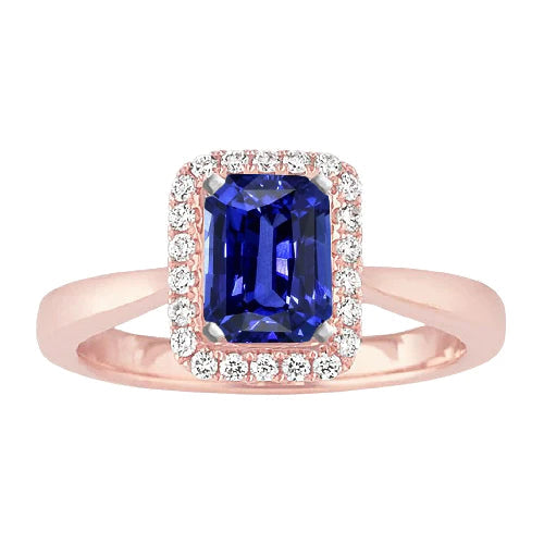 Diamond Halo Smaragd Ceylon Sapphire Ring Taps toelopende schacht 3 karaat goud