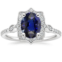 Diamond Halo ovale Ceylon saffier ring 4 karaat sieraden goud
