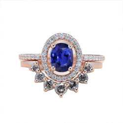 Diamond Halo ovale verlovingsring set blauwe saffier 3,50 karaat goud