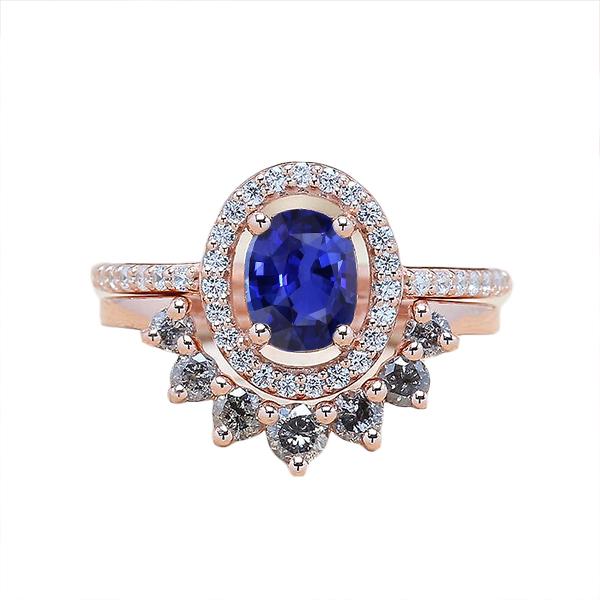 Diamond Halo ovale verlovingsring set blauwe saffier 3,50 karaat goud - harrychadent.nl