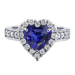 Diamond Halo verlovingsring hart geslepen blauwe saffier 4 karaat