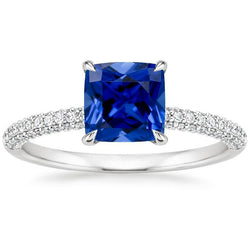 Diamond Solitaire Ring Kussen Blauwe Saffier Met Accenten 3,25 Karaat