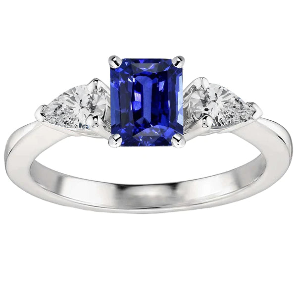 Diamond Three Stone Emerald Shaped Ring Deep Blue Sapphire 2,50 karaat