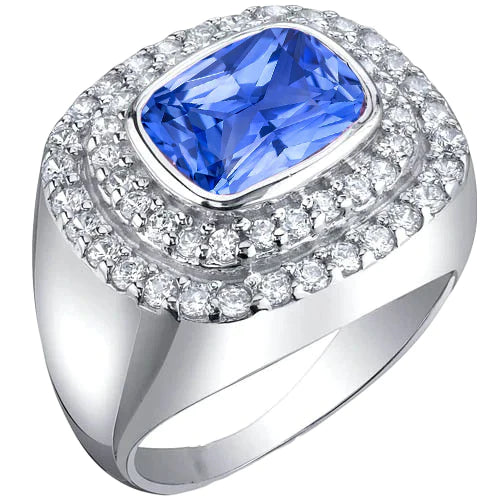 Double Halo Heren Ring Bezel Set Kussen Natuurlijke Blauwe Saffier 4.50 Ct