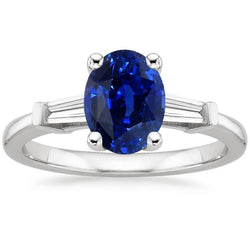 Drie Stenen Ring Ovaal Ceylon Saffier & Stokbrood Diamanten 3 Karaat