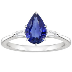 Drie Stenen Ring Peer Blauwe Saffier & Stokbrood Diamanten 3 Karaat