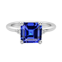 Drie stenen Asscher Sapphire Ring 2,75 karaat kleine ronde diamanten