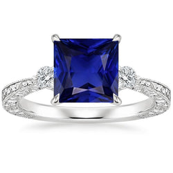 Drie stenen edelsteen ring prinses blauwe saffier & diamant 5,25 karaat