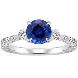 Drie stenen gouden ring rond Ceylon saffier en diamant 2,50 karaat Nieuw