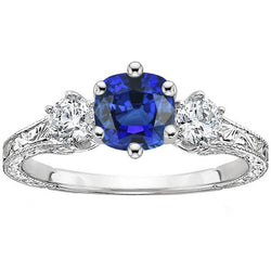 Drie stenen kussen Sapphire Ring antieke stijl diamanten 2,50 karaat
