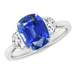 Drie stenen ovale blauwe saffier ring 4,50 karaat halve maan diamanten